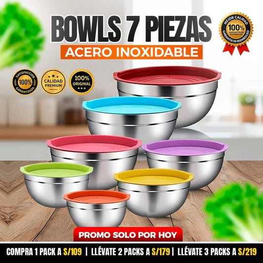 🥗 Set de 7 Bowls de Acero Inoxidable con Tapas Herméticas🎁