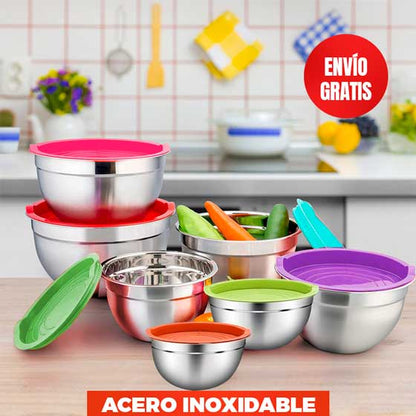 🥗 Set de 7 Bowls de Acero Inoxidable con Tapas Herméticas🎁